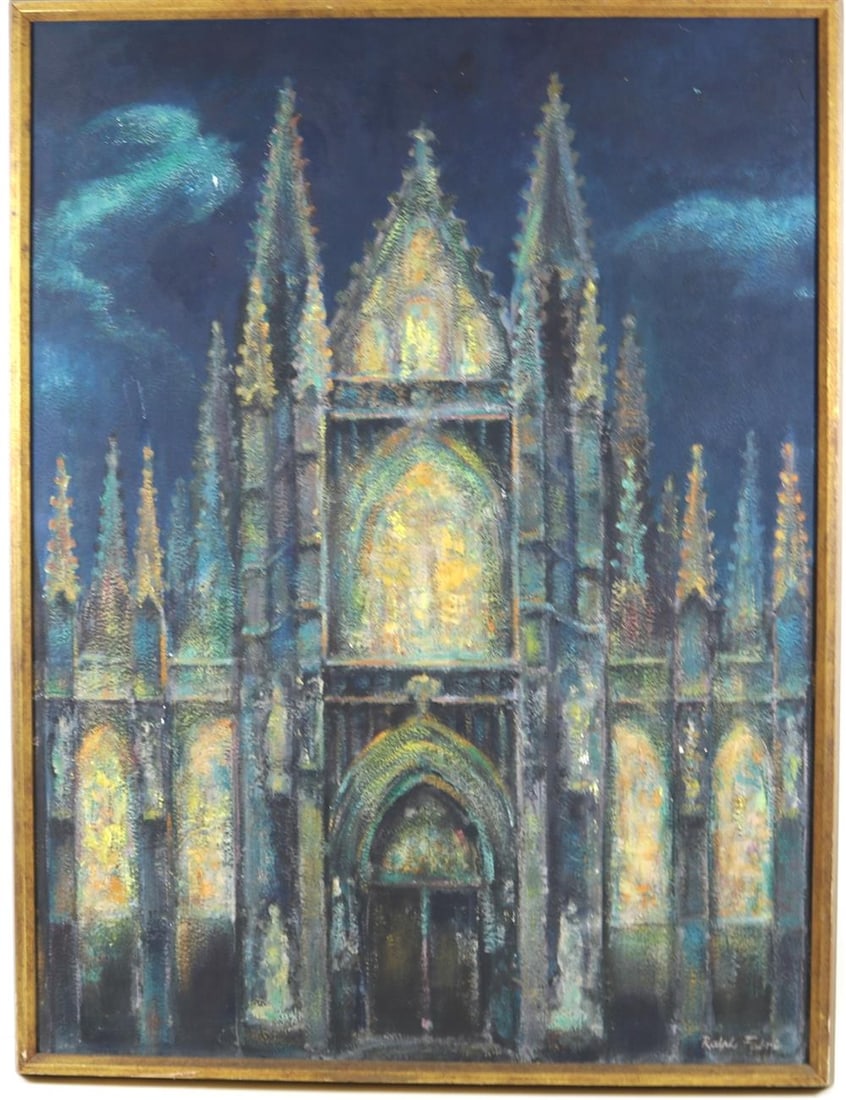 RALPH FABRI. (Hungarian / American, 1894-1975). Cathedral View at Night, Oil on board. Signed lower: RALPH FABRI. (Hungarian / American, 1894-1975). Cathedral View at Night, Oil on board. Signed lower right hand corner. Framed. - 24 x 18 inches; frame: 25 x 19 inches