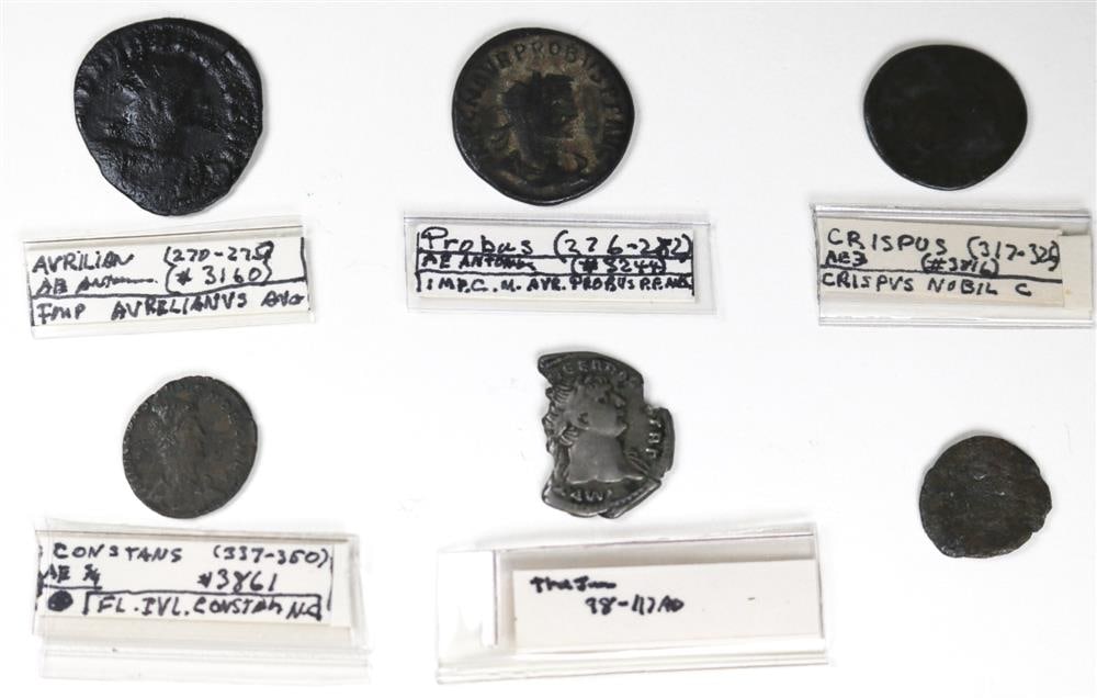 SIX ANCIENT ROMAN IMPERIAL BRONZE COINS, (1 of 18)