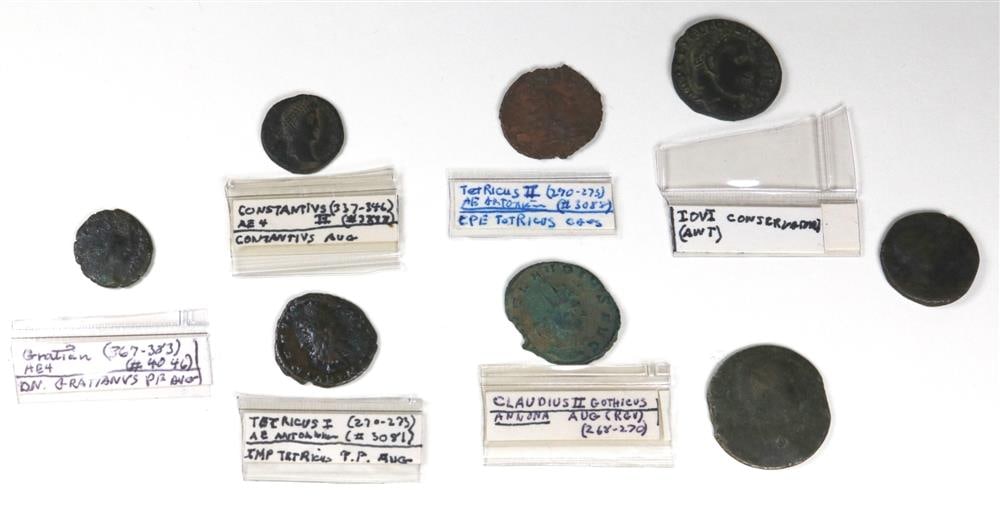 EIGHT ANCIENT ROMAN IMPERIAL BRONZE COINS, (1 of 20)