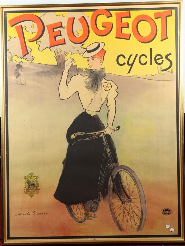 LATE 19TH CENTURY FRENCH "PEUGEUOT CYCLES" COLOR LITHOGRAPH POSTER, - Sight size as framed, 52 3/4" (1 of 1)
