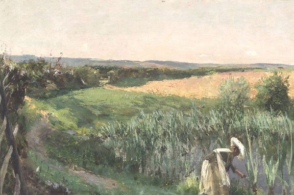 WILLIAM STEWART MACGEORGE (English, 1861: WILLIAM STEWART MACGEORGE (English, 1861-1931). HARVEST LANDSCAPE, oil on canvas - 12 in. x 18 in. Provenance: John Thompson, Tunbridge Wells, England, 1945