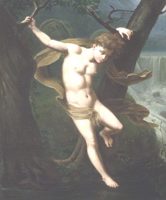 ATTRIBUTED TO DAVID SCOTT (Scottish, 18: ATTRIBUTED TO DAVID SCOTT (Scottish, 1806-1849). YOUNG MAN HANGING FROM TREE NEAR WATERFALLS, oil on canvas, laid down on board - 25 3/4 in. x 21 1/2 in.