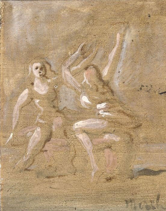 REGINALD MARSH (American, 1898-1954). TW: REGINALD MARSH (American, 1898-1954). TWO WOMEN DANCING, signed Marsh lower right. Oil on masonite - 5 in. x 4 in.