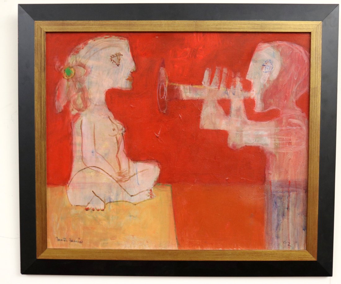 VICTOR MATOS GARCIA (Dominican, b. 1947). "Antesala" (The Prelude), 1992, Mixed media on canvas.: VICTOR MATOS GARCIA (Dominican, b. 1947). "Antesala" (The Prelude), 1992, Mixed media on canvas. Signed lower right hand corner. Framed. - 20 x 24 in; frame: 30 x 34 in