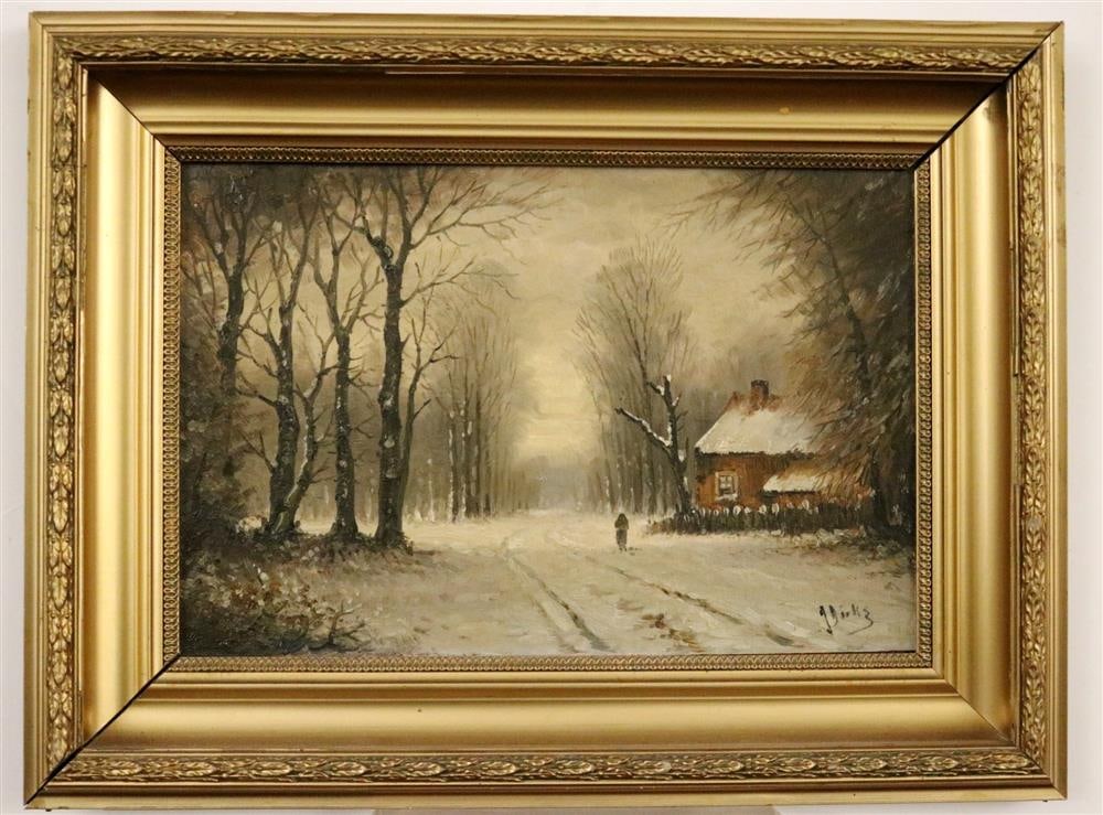 AMERICAN SCHOOL (20th century). Winter Scene with lonely Figure, Oil on board. Indeciphrable (1 of 20)