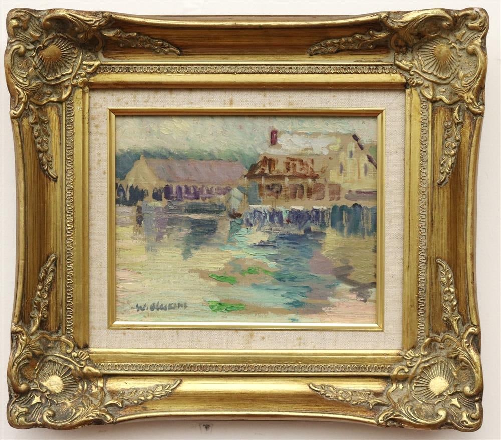 FOLLOWER OF WILLIAM GLACKENS (American, 1870-1938). Dwellings at the Lake, Oil on board. Signed: FOLLOWER OF WILLIAM GLACKENS (American, 1870-1938). Dwellings at the Lake, Oil on board. Signed lower left hand corner. Framed. - 8.25 x 10 inches; frame: 15 x 17 inches