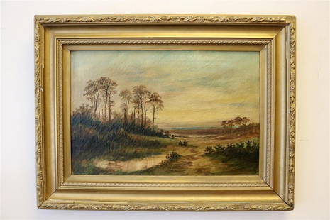 WILLIAM LAMB PICKNELL (American, 1853-1897). Landscape with two figures, Oil on canvas. Signed lower: WILLIAM LAMB PICKNELL (American, 1853-1897). Landscape with two figures, Oil on canvas. Signed lower left hand corner. Framed. - 12 x 18 inches; frame: 18 x 24 inches