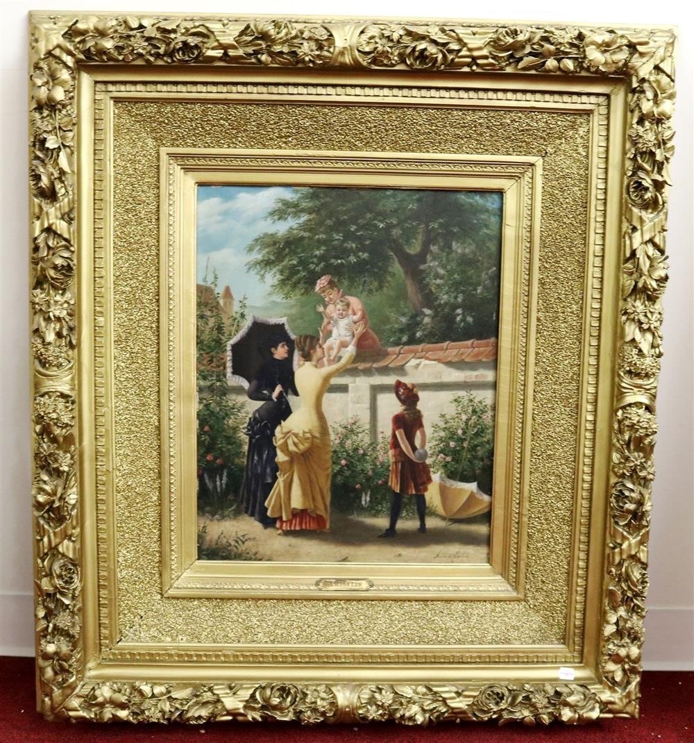 ANDRE DE PONTES (Continental, 19th century). HANDING OVER THE BABY, Oil on board. Signed lower right: ANDRE DE PONTES (Continental, 19th century). HANDING OVER THE BABY, Oil on board. Signed lower right hand corner. Presented in a gilt frame. - 20 x 16 inches; frame: 37 x 33 inches