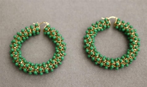 PAIR SIGNED JIL SANDER GILT METAL AND GREEN HARDSTONE BEAD CIRCULAR WREATH DESIGN HOOP EARRINGS, -
