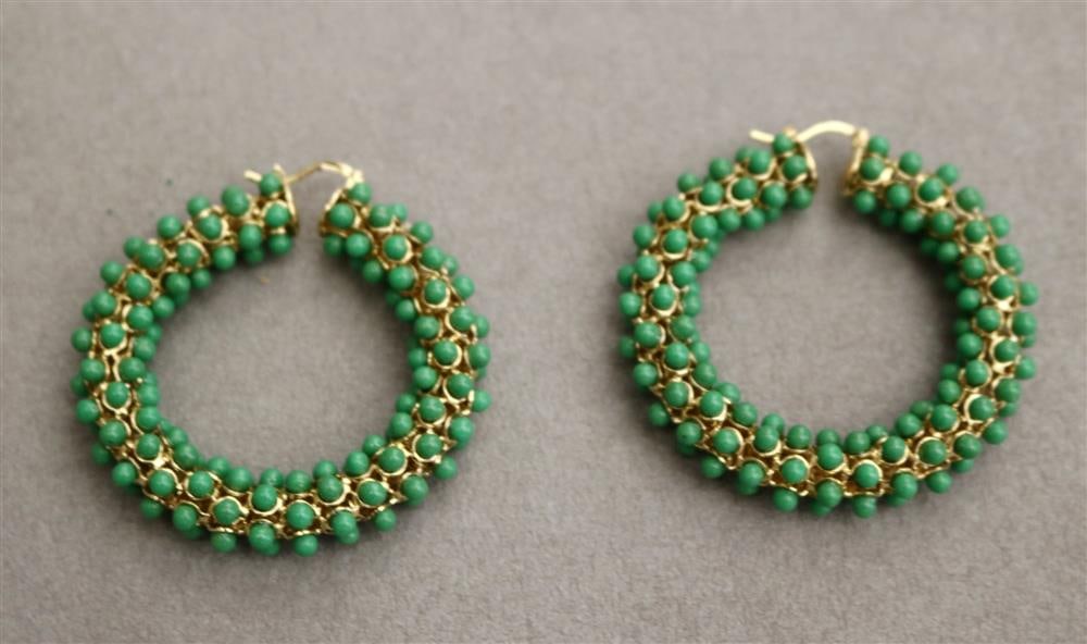 PAIR SIGNED JIL SANDER GILT METAL AND GREEN HARDSTONE BEAD CIRCULAR WREATH DESIGN HOOP EARRINGS, -: PAIR SIGNED JIL SANDER GILT METAL AND GREEN HARDSTONE BEAD CIRCULAR WREATH DESIGN HOOP EARRINGS. - D: 2 in.