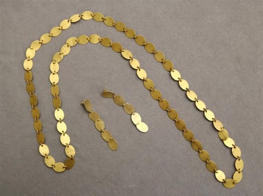 CONTEMPORARY OVAL DISCULAR LINK FLEXIBLE NECKLACE WITH PAIR MATCHING DANGLE