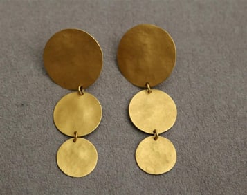 PAIR MATTE-FINISH, TEXTURED YELLOW GOLD DISC-LINK DANGLE EARRINGS. - L: 2 1/16 in. Wt. 2 dwt.