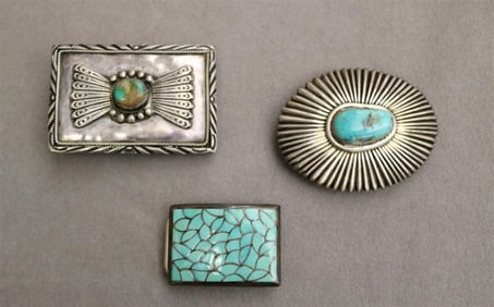 THREE ASSORTED AMERICAN SOUTHWEST INDIAN SILVER AND TURQUOISE BELT BUCKLES,