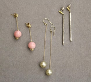 THREE ASSORTED PAIRS DANGLE EARRINGS. Including signed Mizuki 14K yellow gold chain drops suspending