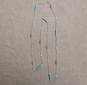 18K WHITE GOLD, TURQUOISE ENAMEL, CULTURED PEARL AND DIAMOND FLEXIBLE CHAIN NECKLACE. Delicate round