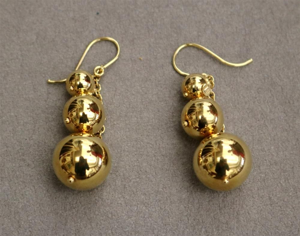 PAIR ITALIAN BRIGHT-POLISHED GOLD BALL DESIGN DANGLE EARRINGS, - L: 2 in. Wt. 6 dwt. (1 of 7)