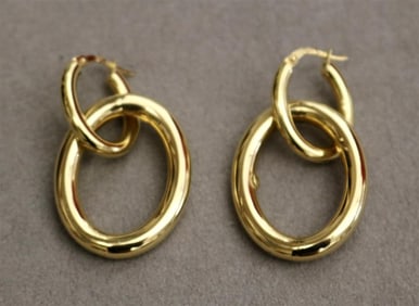 PAIR ITALIAN 18K BRIGHT-POLISHED YELLOW GOLD OVAL HOOP DANGLE EARRINGS. - L: 1 3/4 in. Wt. 8 dwt.