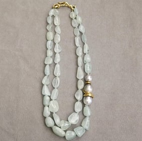 DOUBLE-STRAND YELLOW GOLD, AQUAMARINE BEAD, AND SILVER BAROQUE PEARL CHOKER, - L: 18 in.