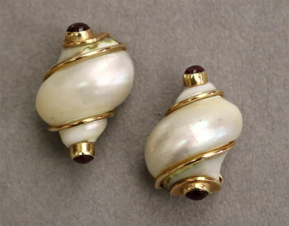 PAIR SIGNED SEAMAN SCHEPPS 14K YELLOW GOLD, TURBO SHELL AND RUBY CABOCHON CLIP-BACK EARRINGS. - L: 1 (1 of 11)