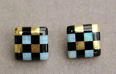 PAIR SIGNED ANGELA CUMMINGS FOR TIFFANY & CO. 18K YELLOW GOLD, BLACK ONYX AND BLACK OPAL SQUARE