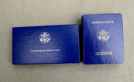 U.S. LIBERTY/AMERICAN EAGLE 50-DOLLAR GOLD COIN, AND TWO U.S. LIBERTY PROOF COINS, 1986, ELLIS