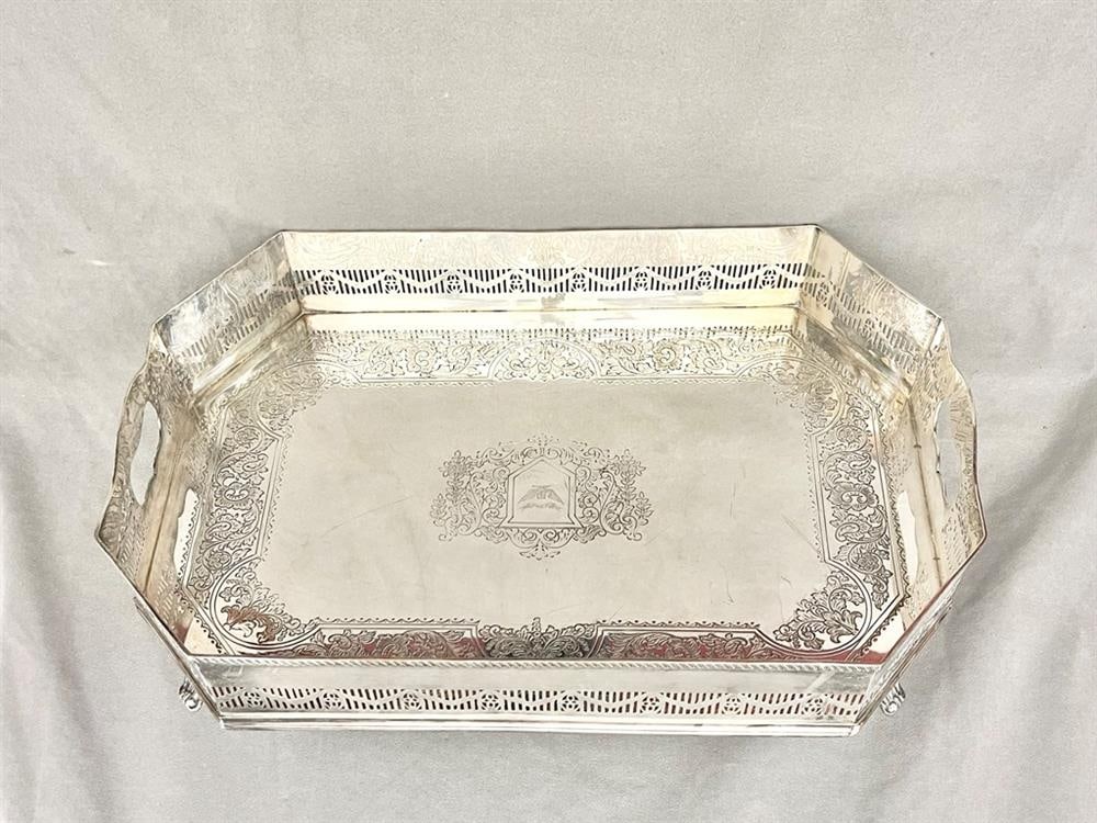 ENGLISH SILVER-ON-COPPER GALLERIED RECTANGULAR SERVING TRAY, early 20th century. - 22 in. x 15 3/4 (1 of 5)