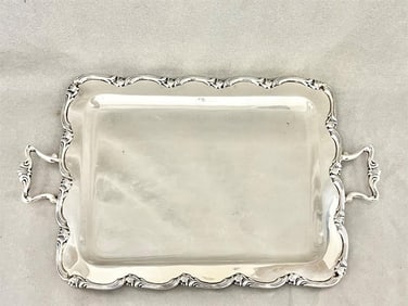 PERUVIAN STERLING SILVER TWO-HANDLE, SHAPED RECTANGULAR SERVING TRAY, - Between handles, L: 15 3/4