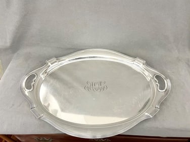 GORHAM CO. STERLING SILVER SHAPED OVAL SERVING TRAY WITH CUT-OUT HANDHOLDS, Design No. A2786. - L: