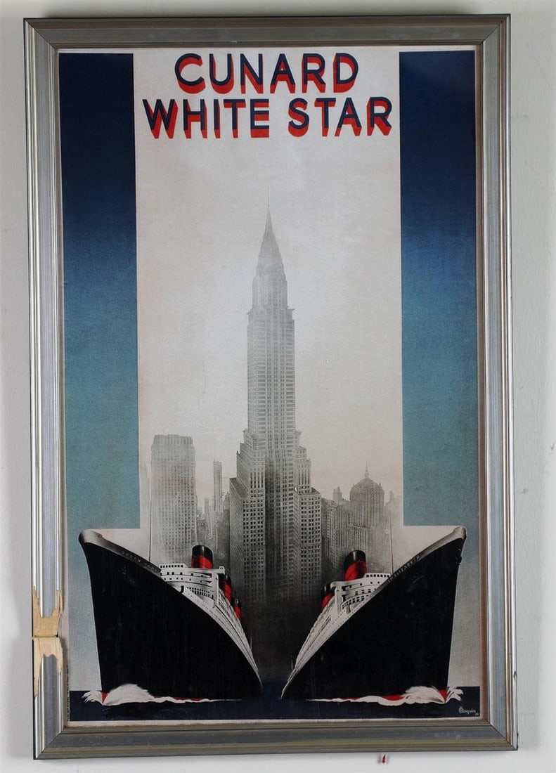 CUNARD WHITE STAR VINTAGE POSTER, - Sight: 27 x 17 inches.: CUNARD WHITE STAR VINTAGE POSTER. Modern poster. Plate signed by artist "A. Roquin." Plate dated "39." Printed and published in France. Unframed - Sight: 27 x 17 inches.