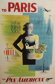 TO PARIS VIA PAN AMERICAN - WORLD'S MOST EXPERIENCED AIRLINE TRAVEL POSTER, CIRCA 1954, - Sight: 42