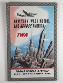 TWA NEW YORK, WASHINGTON, AND ACROSS AMERICAN TRAVEL POSTER, CIRCA 1950, - Sight: 40 x 25 inches.