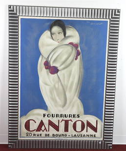 FOURRURES CANTON / 20 RUE DE BOURG VINTAGE POSTER, 1949, - 50 x 36.: FOURRURES CANTON / 20 RUE DE BOURG VINTAGE POSTER, 1949. The poster's design is by French artist Charles Loupot (1892-1962). Printed in Lausanne (Switzerland) by R. Marsens. Framed. Not examined out