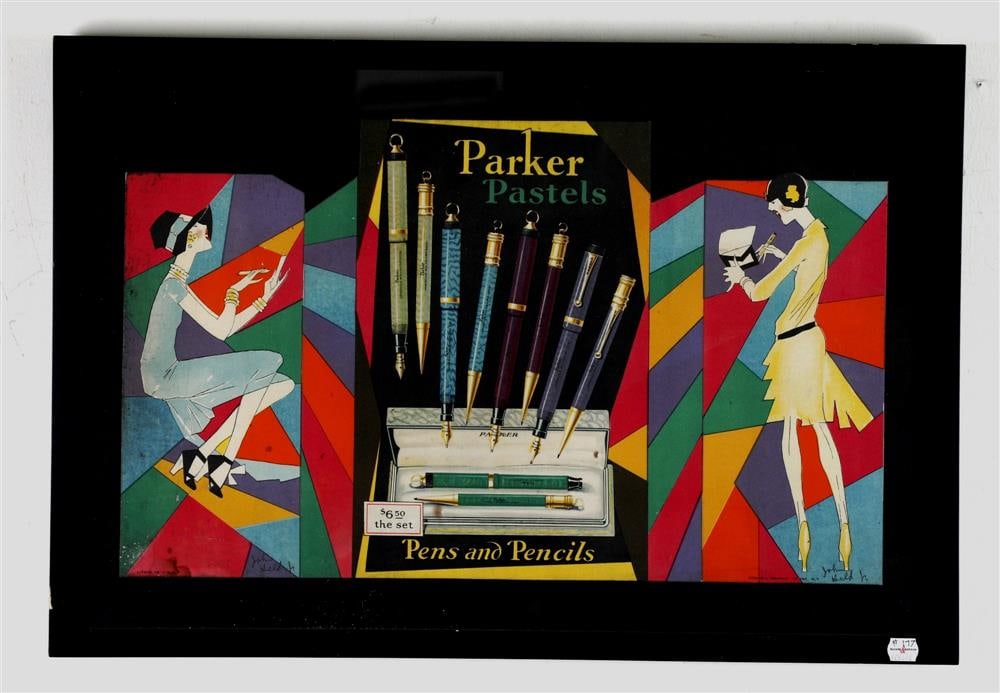 PARKER PASTELS CARDBOARD TRIFOLD ADVERTISING JOHN HELD JR SIGN, CIRCA 1920S. - Sight: 12 x 21 (1 of 9)