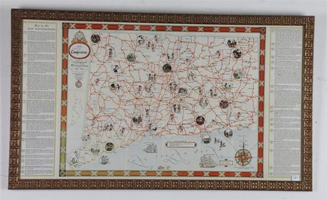 MAP OF CONNECTICUT SHOWING PRINCIPAL HIGHWAYS, WITH ILLUSTRATIONS BY JOHN HELD JR AND HISTORIC