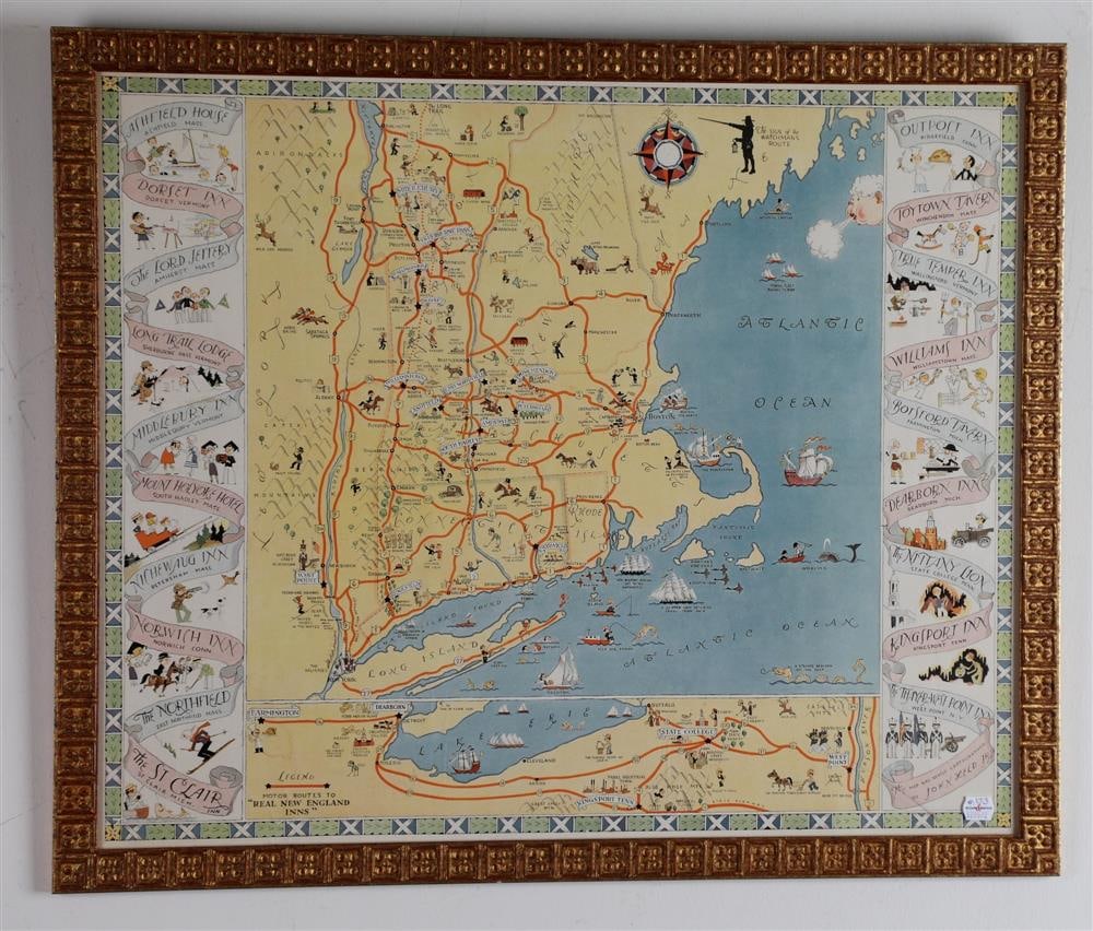 MOTOR ROUTES TO "REAL NEW ENGLAND INNS" MAP JOHN HELD JR, CIRCA 1930S. - Sight: 41 x 27 inches. (1 of 8)