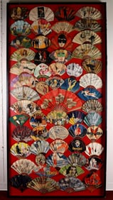 LARGE EXCEPTIONAL COLLECTION OF 58 VINTAGE FOLDING PAPER ADVERTSING FANS, MOSTLY FRENCH, NICELY