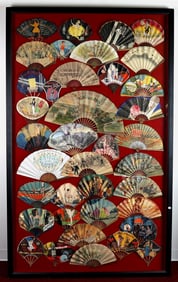 LARGE COLLECTION OF 38 VINTAGE FOLDING PAPER ADVERTSING FANS, MOSTLY FRENCH, NICELY ARRANGED IN A