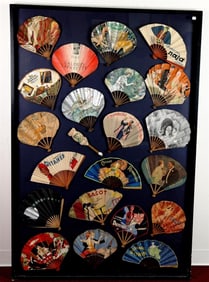 LARGE COLLECTION OF 22 VINTAGE FOLDING PAPER ADVERTSING FANS, MOSTLY FRENCH, NICELY ARRANGED IN A