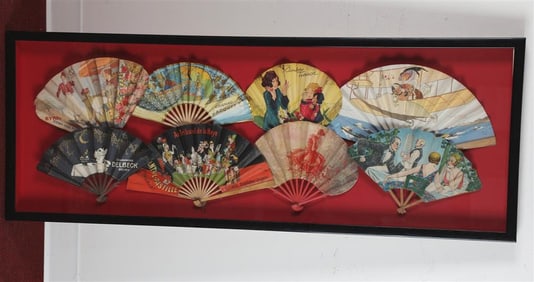 EIGHT FRENCH ADVERTISING PAPER LITHOGRAPHED FOLDING FANS,