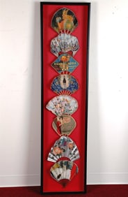 EIGHT FRENCH VINTAGE PAPER LITHOGRAPHED ADVERTISING FOLDING FANS ARRANGED IN A SHADOWBOX FRAME,