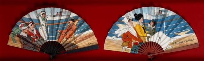 TWO FRENCH ART DECO LITHOGRAPHED FOLDING PAPER ADVERTISING FANS FOR FRENCH LINE - COMPAGNIE