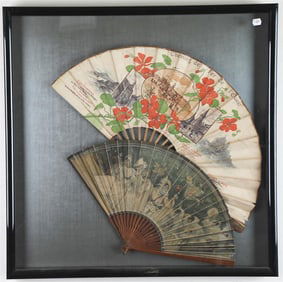 TWO FRENCH VINTAGE LITHOGRAPHED ADVERTSING FOLDING PAPER FANS, ONE CHEMINS DE FER DE L'OUEST