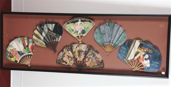 SIX FRENCH VINTAGE LITHOGRAPHED PAPER ADVERTISING FOLDING FANS ,