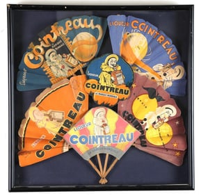 COLLECTION SIX VINTAGE FRENCH ART DECO COINTREAU LIQUOR ADVERTISING LITHOGRAPHED PAPER FOLDING FANS
