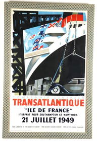 COMPAGNIE GENERALE TRANSATLANTIQUE "ILE DE FRANCE" TRAVEL POSTER, 1949. - sight: 39 x 24 inches.