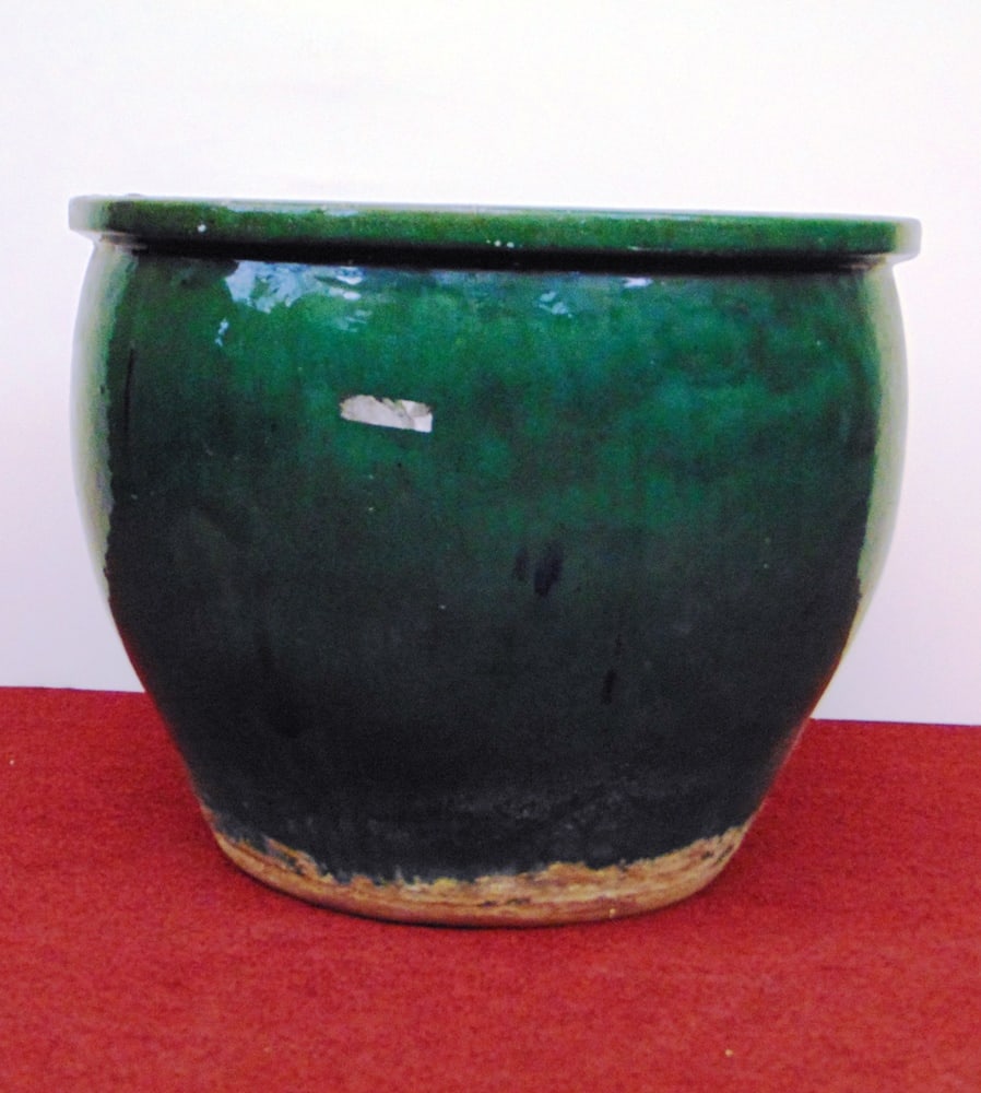 CHINESE GREEN GLAZED CERAMIC EGG CRATE/JARDINIERE. - H: 18 1/2"; D: 23 1/4". (1 of 4)