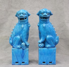 PAIR CHINESE MING STYLE GLAZED TURQUOISE CERAMIC FIGURES OF SEATED FOO DOGS. - H: 17 3/4".