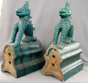 PAIR GREEN GLAZED CERAMIC WHIMSICAL DRAGONS IN FORM OF CHINESE ROOF TILES . - H: 25 3/4 in.