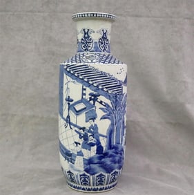 CHINESE BLUE AND WHITE PORCELAIN VASE DECORATED WITH FIGURES IN PAVILION LANDSCAPE. - H: 21 1/2".