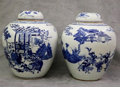 PAIR CHINESE BLUE AND WHITE PORCELAIN LIFT-TOP OVOID JARS, - H: 16".